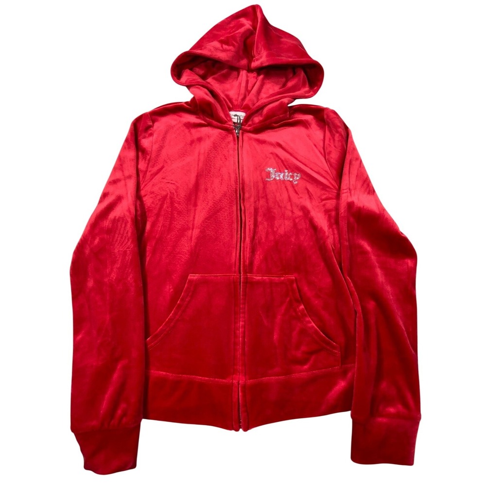 Juicy Couture Hoodie Womens Medium Red Suede Velour Zip Kangaroo Pockets Cute